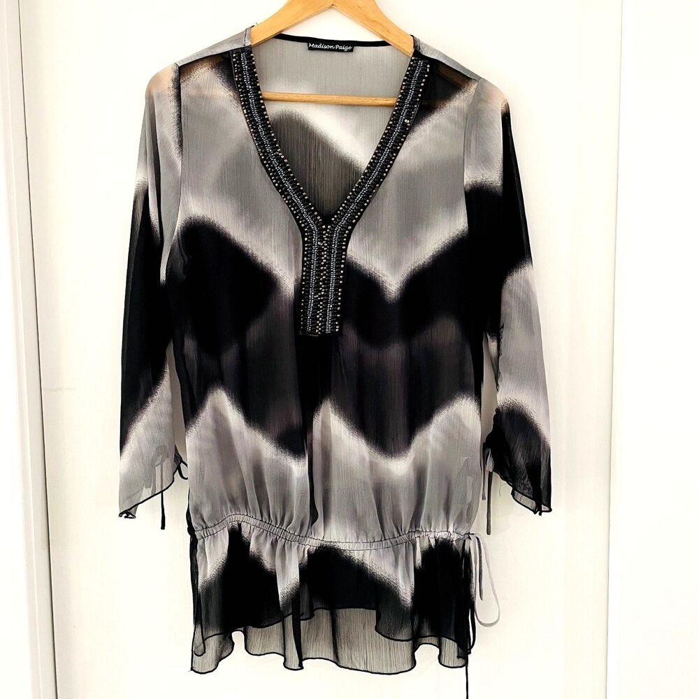 Madison Paige Sheer Black and Gray Beaded V-neck Tunic Blouse Size L